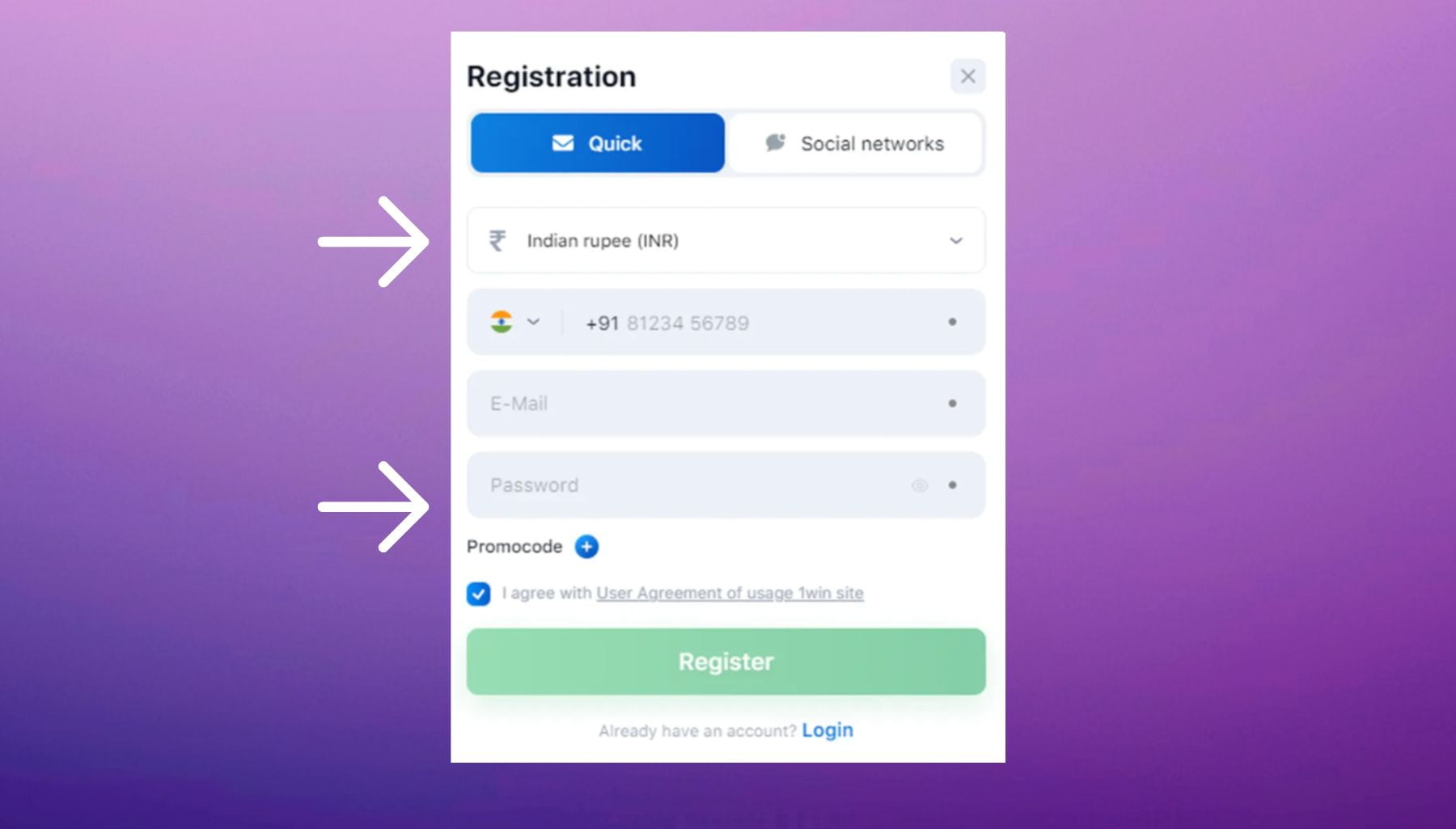 1Win India registration fields